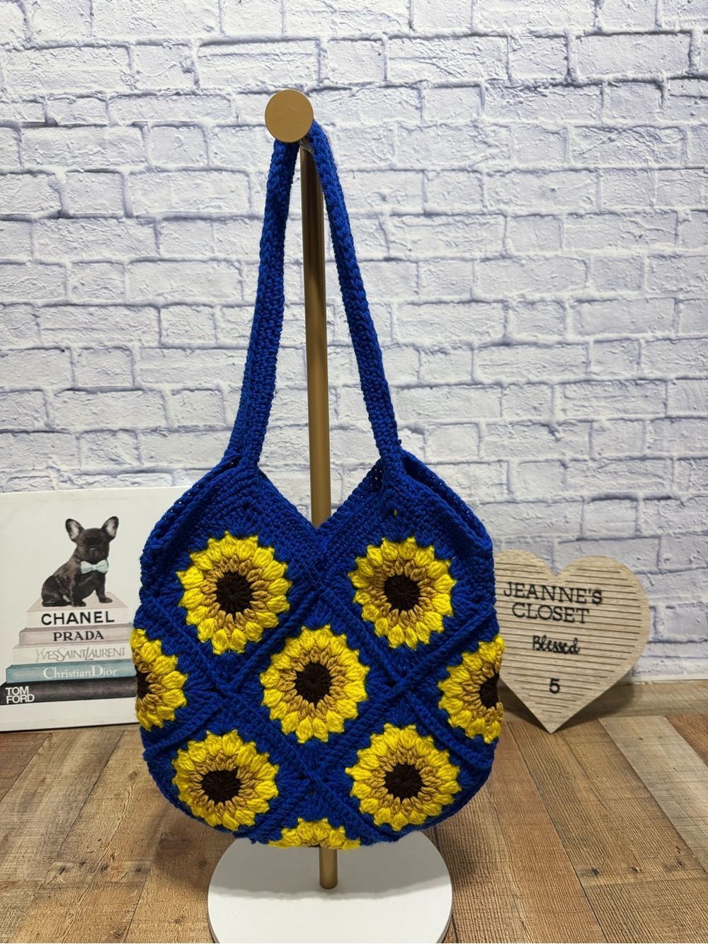 HandmadeโCrochet Sunflower Tote Blue & Yellow Granny Square Shoulder Bag Boho